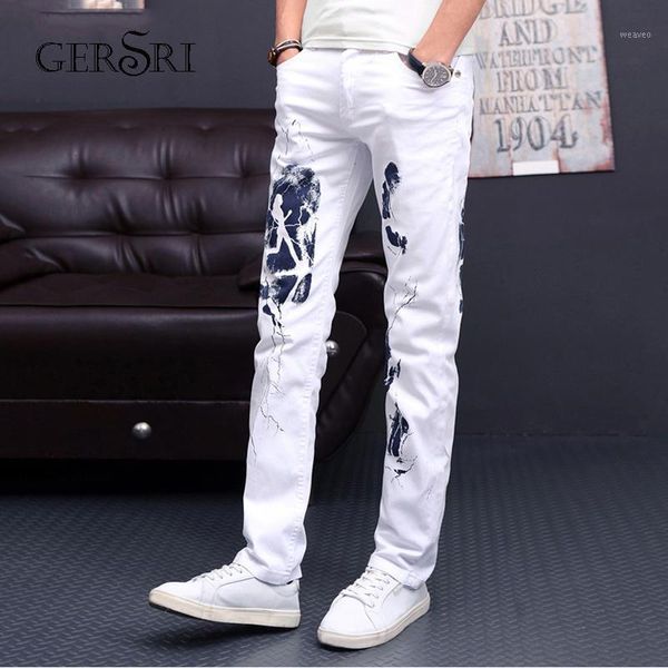 

gersri new style printing jeans male pattern slim fashion elastic feet white trousers men fashion casual simple denim pants1, Blue