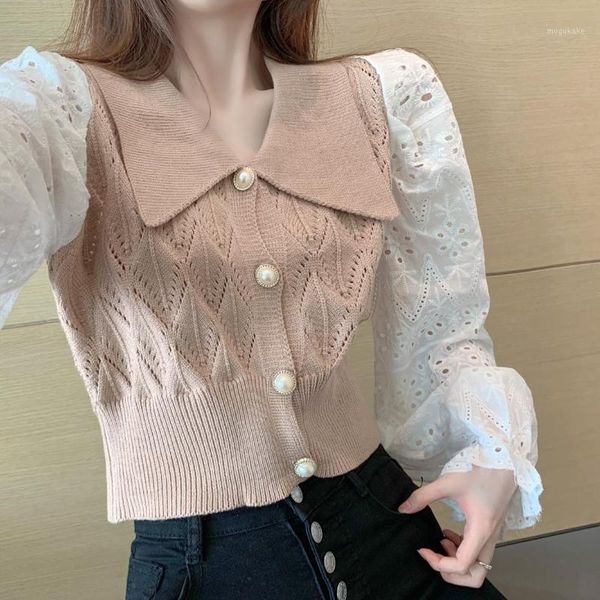 

woman sweater 2020 autumn new cultivate morality lace long sleeve sweater splicing knit female sweet lapels cardigans 3 color1, White