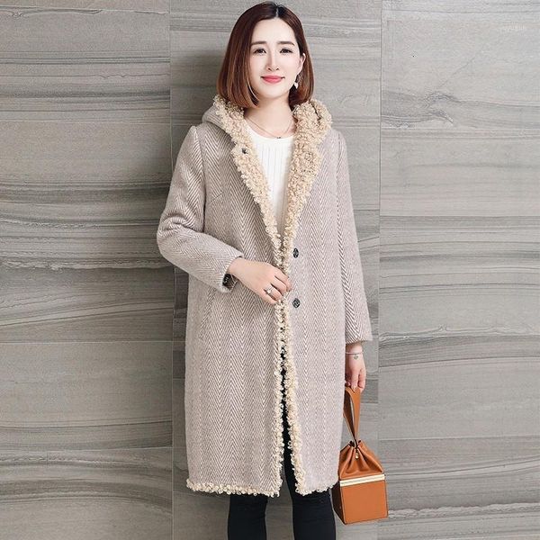 

wool sheared coat hat real fur coat long winter fur women natural lamb lined1, Black