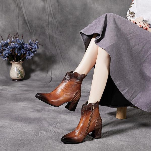 

women winter ankle boots genuine leather woman shoes 2020 thick heels retro pointed toe zipper flower short boots ladies shoes1, Black