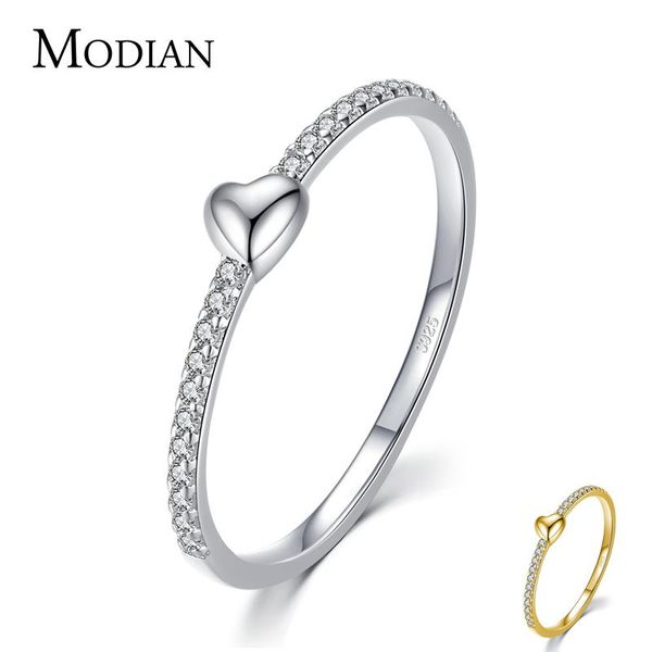 

cluster rings modian real 925 sterling silver luminous clear cz finger ring simple heart wedding for women engagement jewelry, Golden;silver