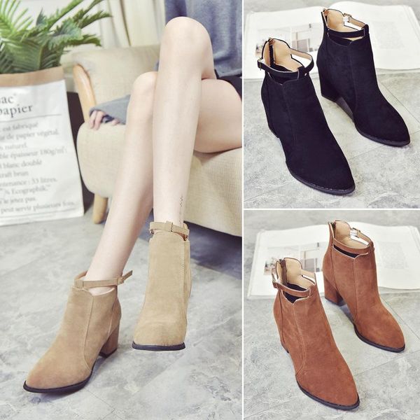 

new style short boots women's bule dull polish martin boots women's after zipper chunky heel pointed high he lady shoes -40, Black