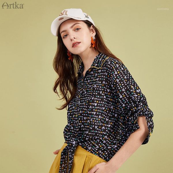 

artka 2020 spring summer new blouse women vintage print white chiffon shirt casual loose lace up long sleeve shirt sa20609c1