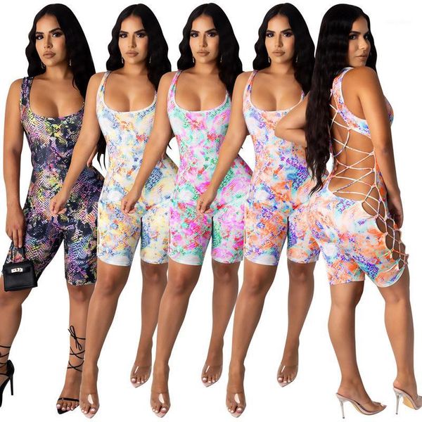

new sleeveless backless strap tie-dye hollow out printing jumpsuits1, Black;white