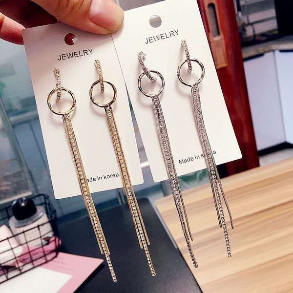 

european and american fashion rhinestone long fringe earrings 925 silver sense of quality explicit face thin internet celebrity earring with, Golden