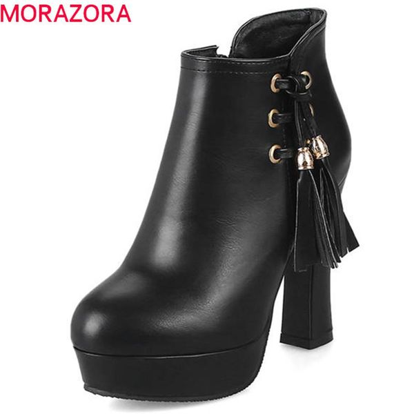 

boots morazora 2021 women round toe short plush autumn winter tassels fashion platform ankle high heels shoes, Black