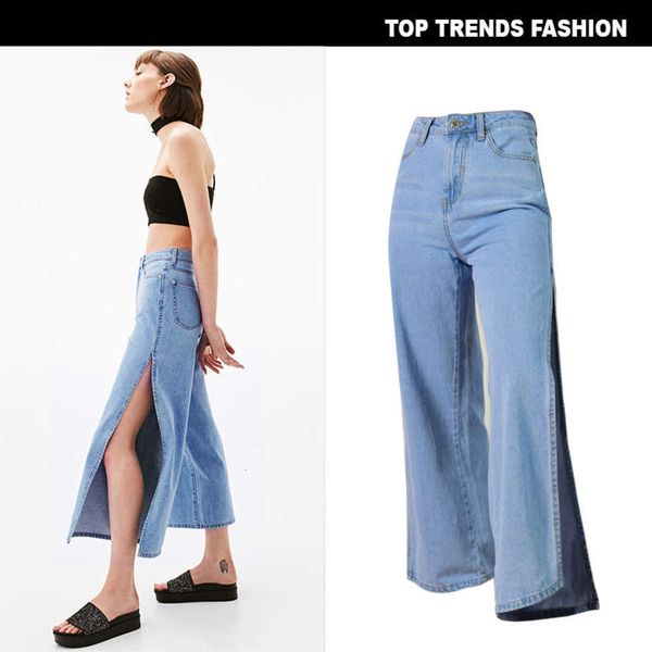 

slit high waist double eight point skirt pants loose wide leg jeans women's wear, Black;gray