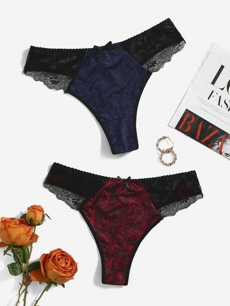 

2pack plus floral print contrast lace panty f3il#, Black;white