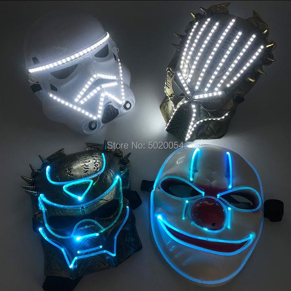 Kostümzubehör 2 Designs Tanz-DJ-Kunststoff-Lichtfaser-Leuchtmaske Gruselfilm Cosplay-Brille LED-Joker-Maske Superhelden-Maske für Hal