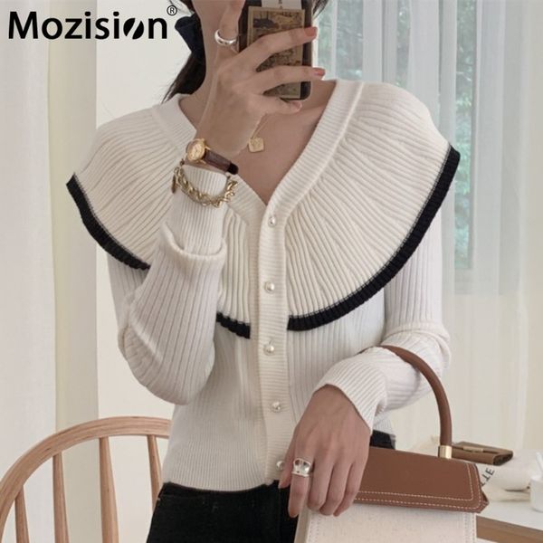 

mozision patchwork ruffle knitted knitted cardigan women solid full sleeve v neck sweater female slim elegant knitwear h1211, White;black