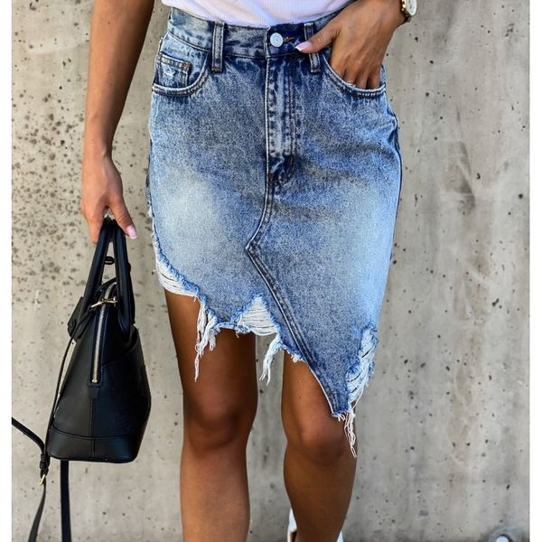 

brand new woman trendy retro washed irregular denim skirt female summer high waist denim skirts elastic bodycon hip saia jeans 201109, Black
