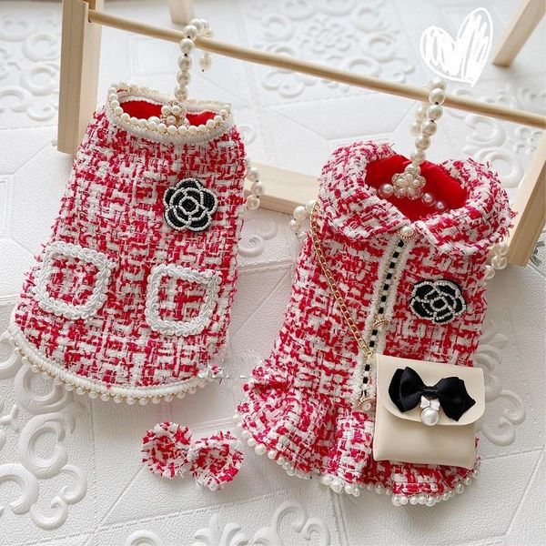 

handmade tweed pet clothes dog coat couples dress vest outfit red color pearls skirt c style with chain bag accessories poodle