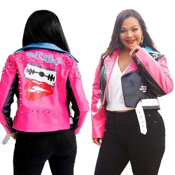 

2020 patchwork women plus size fashion leather rivet women's jackets