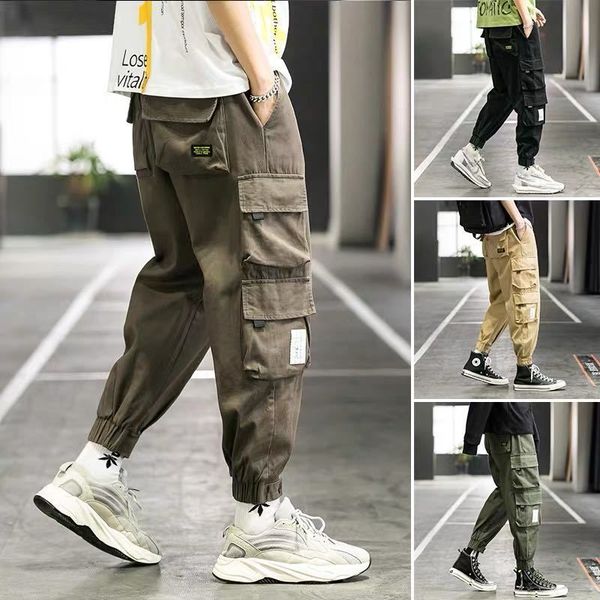 

ins tiktok mens cargo pants fashion hip hop streetwear men casual ankle banded pants korean student multi pockets sweatpants, Black