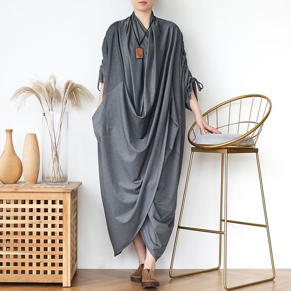

casual dresses plus size 5xl solid women's long dress short sleeve irregular maxi female 2021 spring vintage lady robe, Black;gray