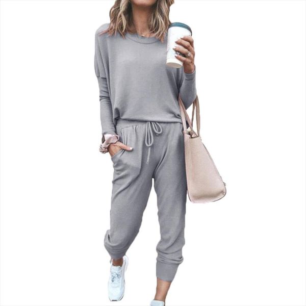 

fashion 2pcs casual women solid color o neck long sleeve shirt drawstring pants bandage tracksuit, Gray