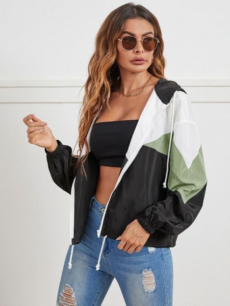 

color block drawstring hooded wind jacket d4aq#, Black;brown