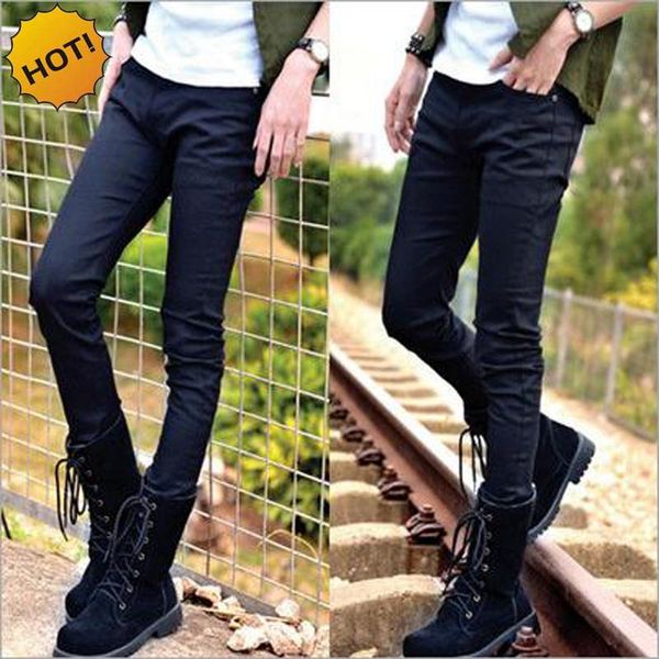 

style boys slim fit jeans teenagers thin denim solid casual black bottoms cuffed strech handsome harem pants 28-34, Blue
