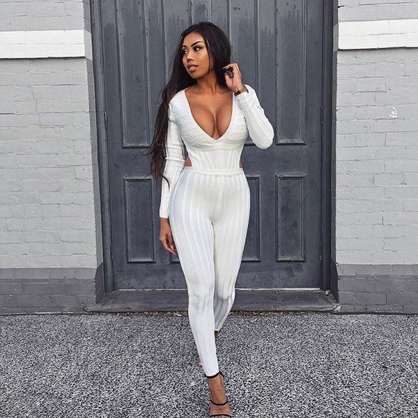 

erdaoben party vestidos elegant long sleeve backless white jumpsuits lady deep v neck long skinny bandage jumpsuit h56851, Black;white
