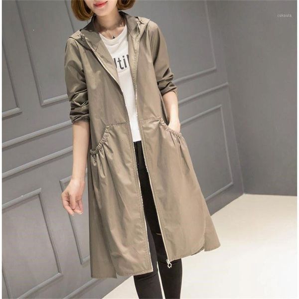 

2019 spring autumn new long trench coat women hooded korean outerwear women loose plus size thin windbreaker ladies coats 3xl4xl1, Tan;black