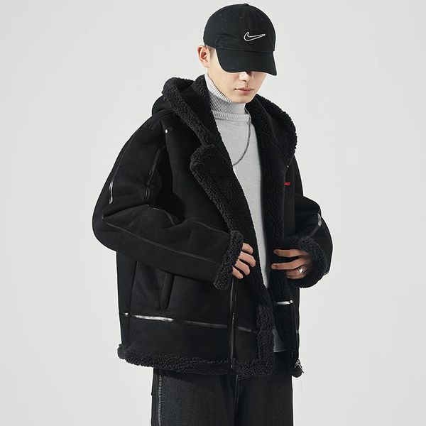 

bomber jacket black white men's winter thick warm fleece teddy coat for sportwear fleece hoodies coat