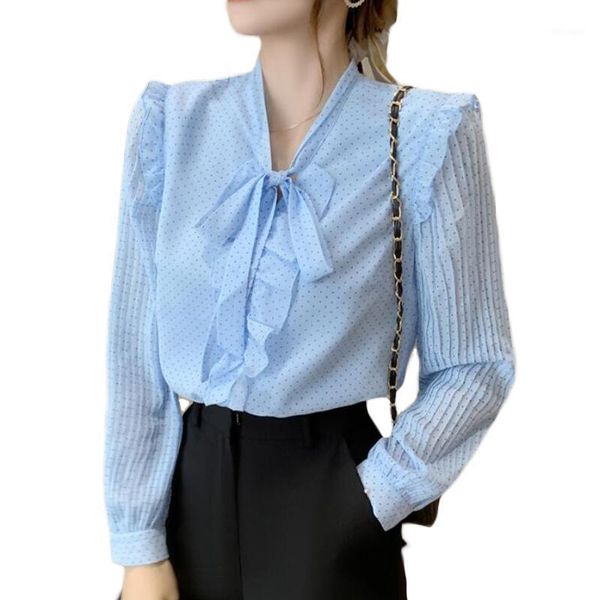 

korean polka dot print chiffon blouse women shirts long sleeve ruffles v-neck women bluoses plus size camisas mujer1, White
