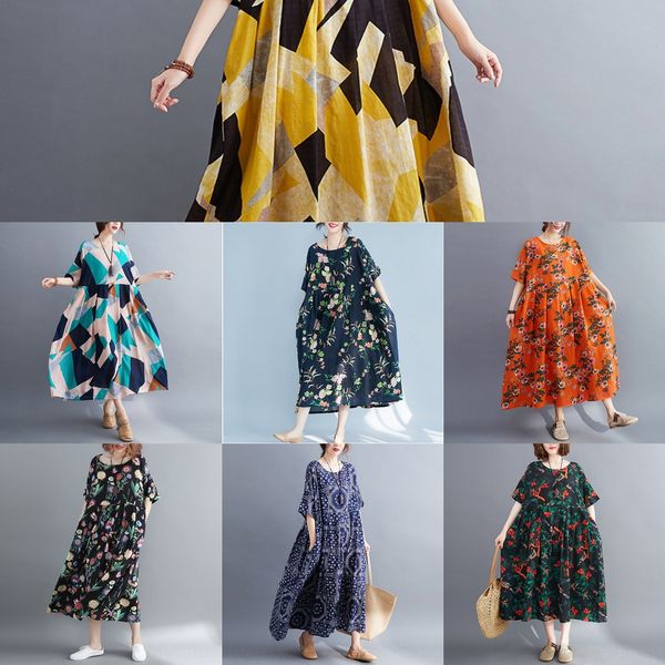 

large women's 200kg summer loose cotton linen dress skirt long skirtlong skirt fat sister medium length covered belly print dress 55ck1, Black;gray