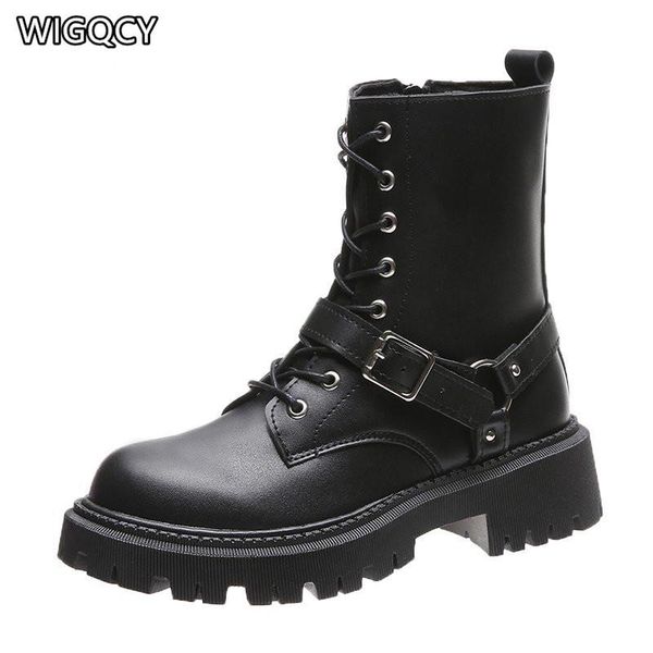 

boots women 2021 fashion rivet round head square heel red fairy style short belt buckle motorcycle, Black