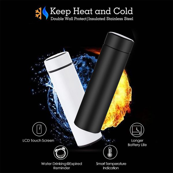 Costume LED Temperature Display Garrafa de Água Tela de Toque Inteligente Mensuração Duplo Frasco De Vácuo Frasco Thermos Cup Gift LJ201218