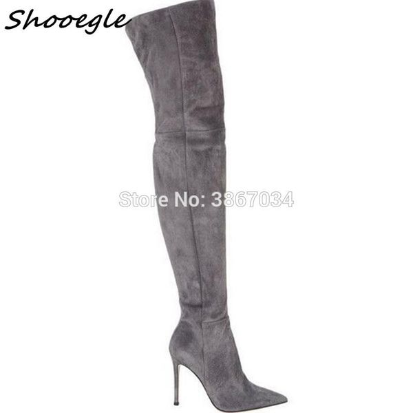 

shooegle celebrity серая кожа шпильках высокие каблуки над коленом boots длинные сапоги 2020 женщин обувь остроконечные toe женщины, Black