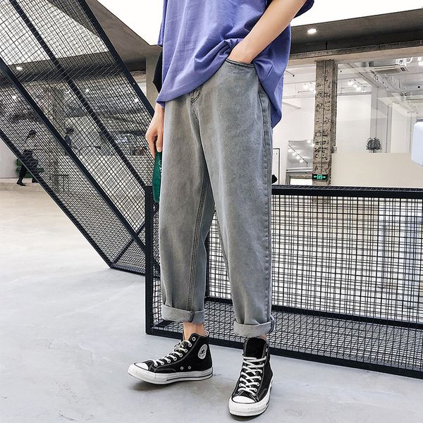 

jeans men's straight tube loose bf nine point fashion brand versatile chic hanfeng nostalgic college style pants, Blue