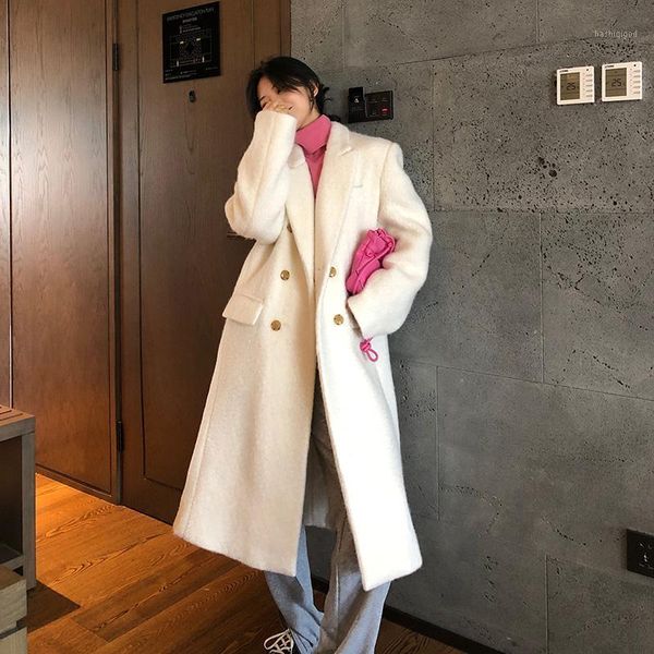 

ewq]2020 winter over knee style elegant turn-down collar long-sleeved solid color straight minimalist woolen overcoat 8d6561, Black