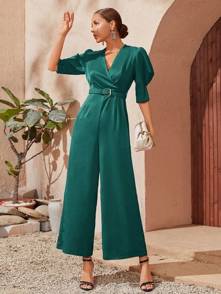 

surplice front puff sleeve wide leg belted jumpsuit w3be#, White