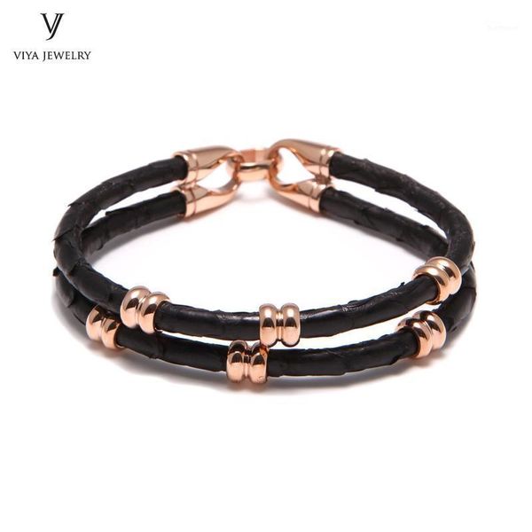 

classic men leather beads jewelry high-grad black python leather bracelet genuine python bracelets with rose gold beads has box1, Golden;silver