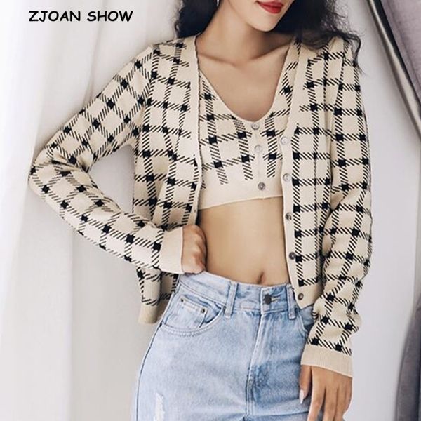 

streetwear check gingham plaid crop and cardigan harajuku tartan knitted women suit sweater women vintage women knitwear y200915, White;black