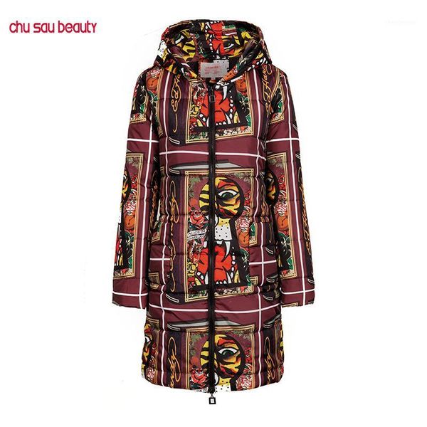 

winter jacket women 2019 thicken warm cotton-padded long coat women winter hooded print parka outwear plus size female cz19231, Tan;black