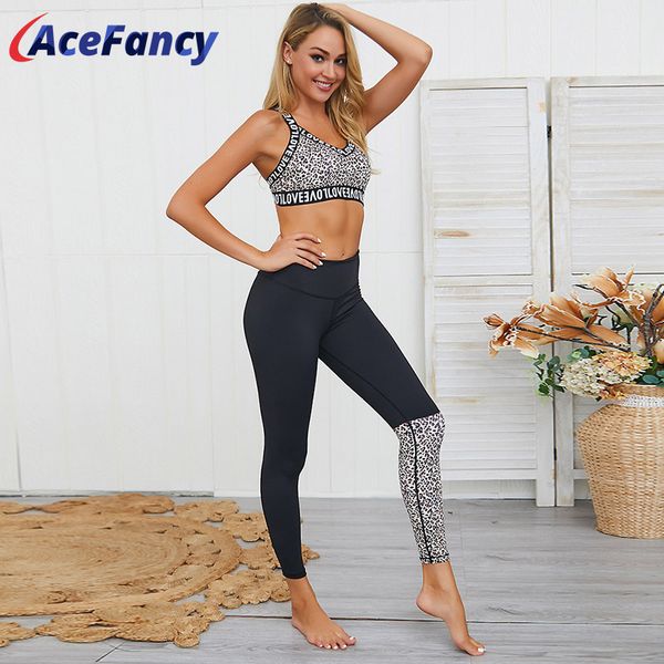 

acefancy women two piece outfits leopard yoga leggings sports wear for women gym zc2210 yoga set women's sportswear fitness c0122, Black;white