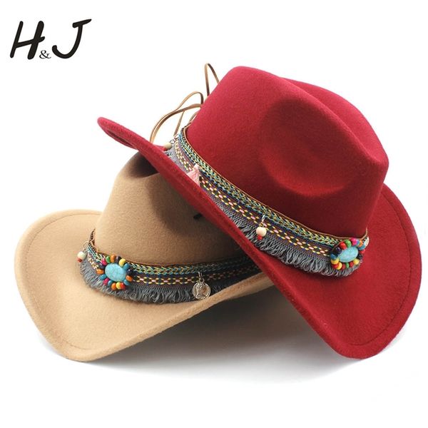Moda feminina lã oca ocidental cowboy borl borl elegante senhora jazz cowgirl jazz toca sombrero tampão tamanho 56-58cm y200102