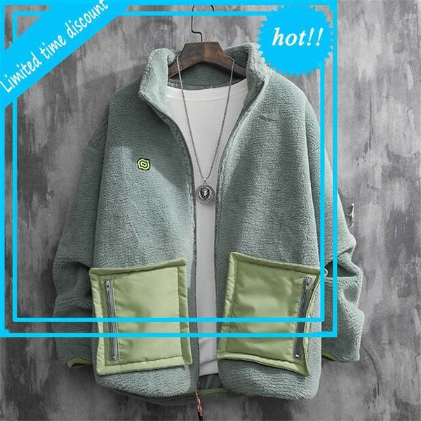 

high street color block big pockets lamb jacket men and women oversize plus size thick winter loose casual windbreaker coat, Black;brown