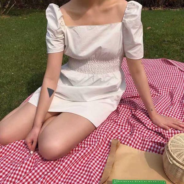 

summer dress robe femme 2019 women vestidos dress retro square collar white waist pleated high waist short beach dresses female1, Black;gray