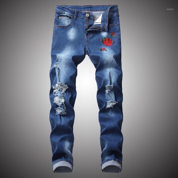 

men's jeans rose embroidered streetwear fashion denim pants men hole elastic slim fit casual trousers male bp0791, Blue
