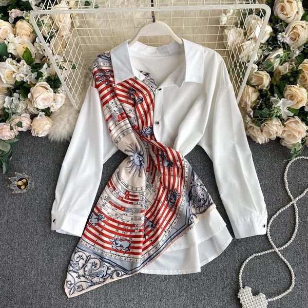 

trend printing stitching shirt patchwork women irregular autumn new singel breast slim blouse women blusa female pl5811, White