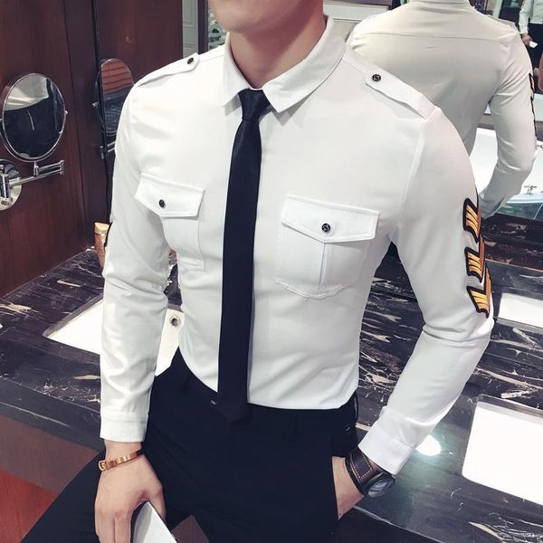 

nouveau hommes chemise mode blanc rouge manches longues airforce chemises grande 5xl camisa masculina style militaire solide1, White;black