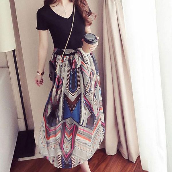 

cc dress a line fashion women splice printing plus size cut out short sleeves dress vestido longo vintage sukienki, Black;gray