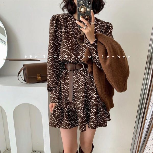 

leopard print dress women's 2020 autumn and winter new printed casual waist ruffled bottoming skirt trend, Black;gray