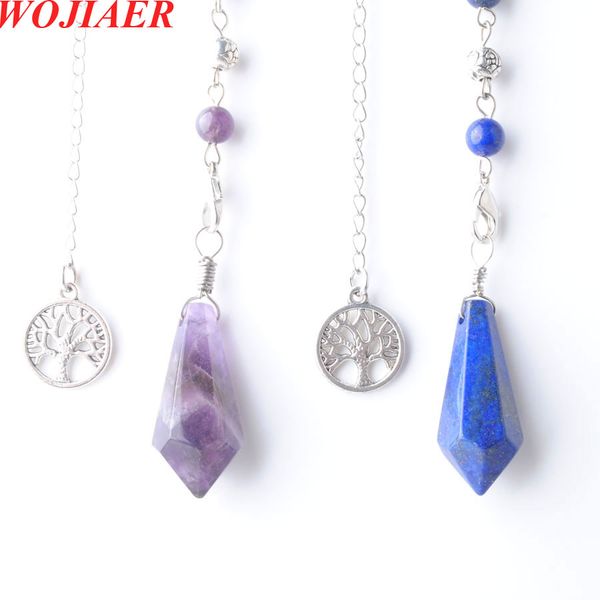 

wojiaer natural stone cone tree of life pendant spiritual hexagon quartz crystal chakra chain pendulum for dowsing bo948, Silver