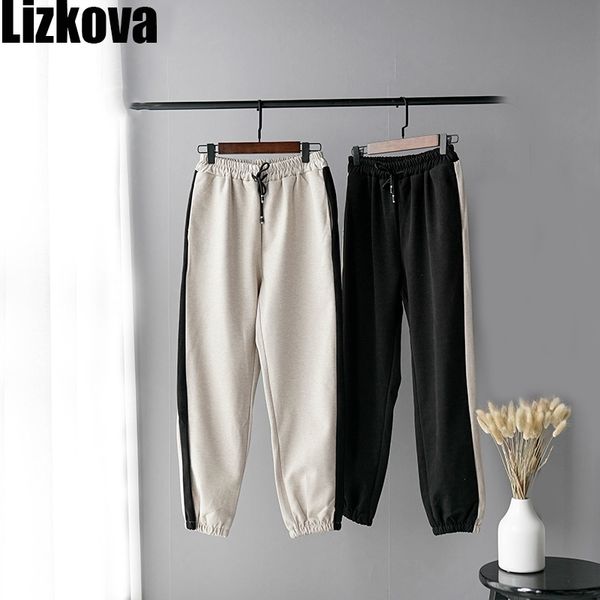 

lizkova autumn joggers pamts women black spliced woolen haren pants high waist drawstring ankle banded sweatpants 201228, Black;white