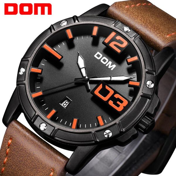 

dom new watch men big dial stylish sport quartz clock waterproof leather mens watches brand luxury relogio masculino m-1218, Slivery;brown