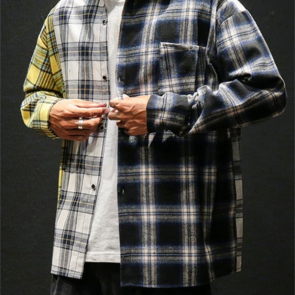

2021 new hip hop streetwear punk casual plaid shirt men long sleeve spring autumn dv4w, White;black