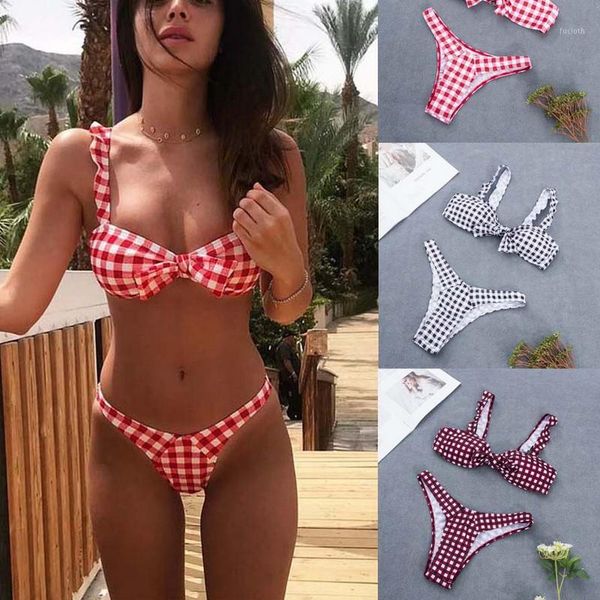 

2 pcs set bow plaid bra set push up vest bandage push-up padded women underwear panty1, Red;black